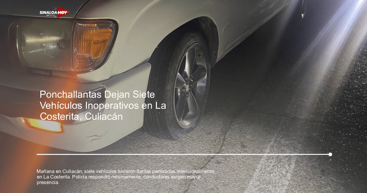 Vehículo blanco con faro encendido y llanta desinflada en un entorno nocturno, relacionado con el incidente de La Costerita en Culiacán.