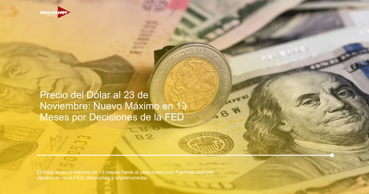 Moneda de pesos mexicanos rodeada de billetes de pesos y dólares.