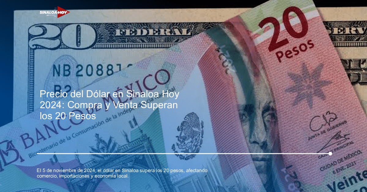 Billetes de veinte dólares y veinte pesos mexicanos superpuestos, ilustrando el tipo de cambio en Sinaloa.