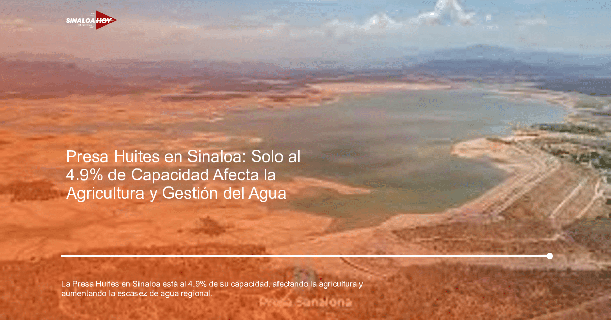 Imagen de la Presa Luis Donaldo Colosio con niveles de agua bajos, rodeada de tierra y vegetación.