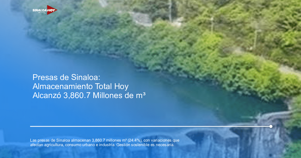 Vista de un lago o embalse en Sinaloa con vegetación y estructuras de concreto, posiblemente una represa, en un entorno natural.
