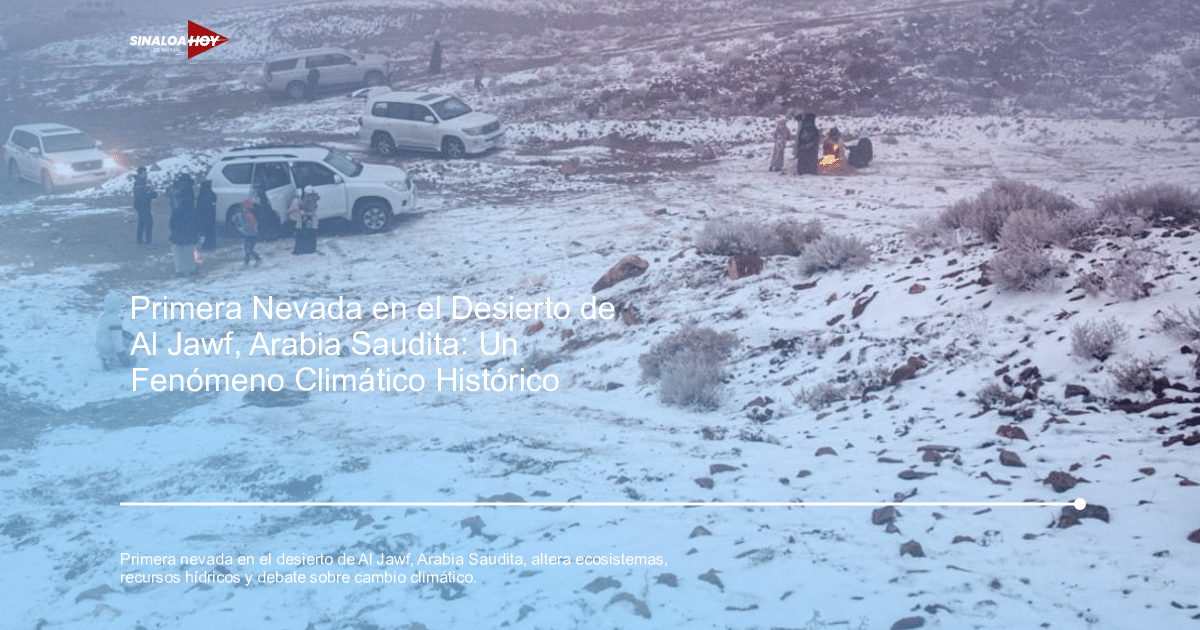 Paisaje nevado en el desierto de Al Jawf con vehículos y personas reunidas cerca de un fuego.