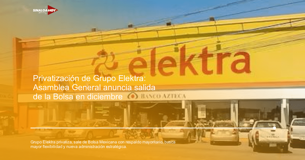 Fachada de Elektra y Banco Azteca con vehículos estacionados y personas en la entrada en un día soleado.