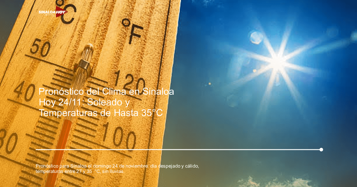 Termómetro con escalas Celsius y Fahrenheit bajo un cielo soleado, representando el clima cálido en Sinaloa.