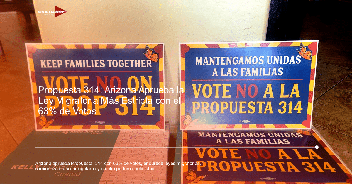 Carteles en inglés y español contra la Propuesta 314 con mariposas y mensajes de unidad familiar.