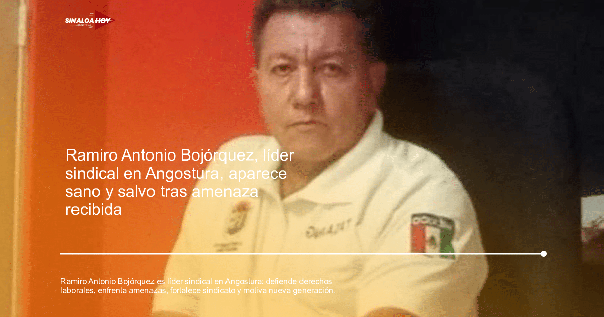 Hombre con camisa blanca y emblema sentado frente a fondo rojo, relacionado con liderazgo sindical en Angostura.