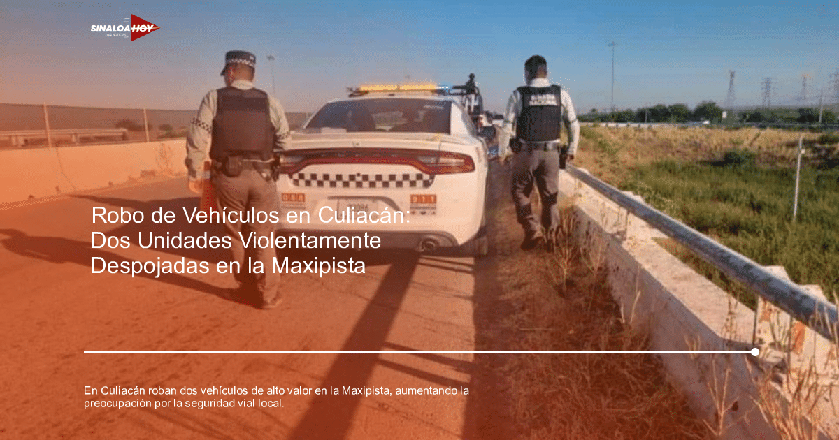 Agentes de seguridad junto a un coche patrulla en una carretera, relacionados con un robo de vehículos en Culiacán.