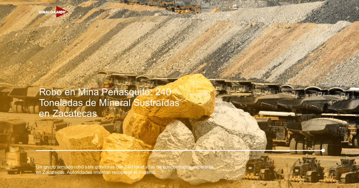 Mina a cielo abierto en Zacatecas con camiones de minería y rocas de oro y plata en primer plano.