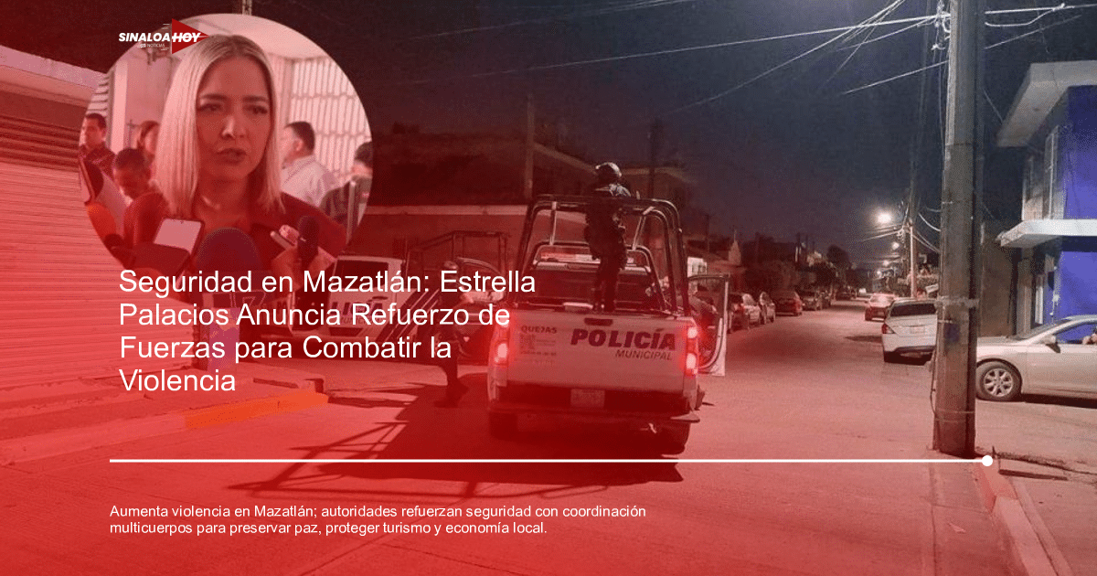 Policía municipal en acción durante la noche en Mazatlán, con un agente de pie y otro sentado en el vehículo, y un inseto de una mujer hablando ante los medios.