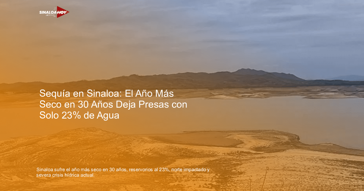 Lago en Sinaloa con niveles de agua bajos, rodeado de terreno seco y montañas al fondo bajo un cielo nublado.
