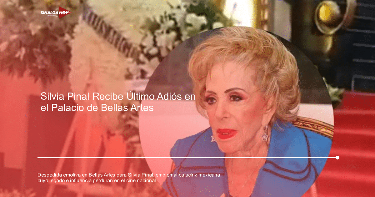 Arreglo floral en el funeral de Silvia Pinal con retrato de persona rubia en atuendo azul