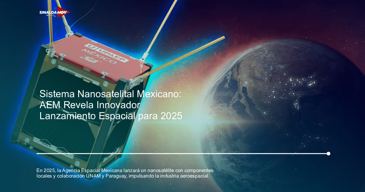 CubeSat mexicano en el espacio con la Tierra de fondo, etiquetado como 'UPAEP' y 'MÉXICO'.