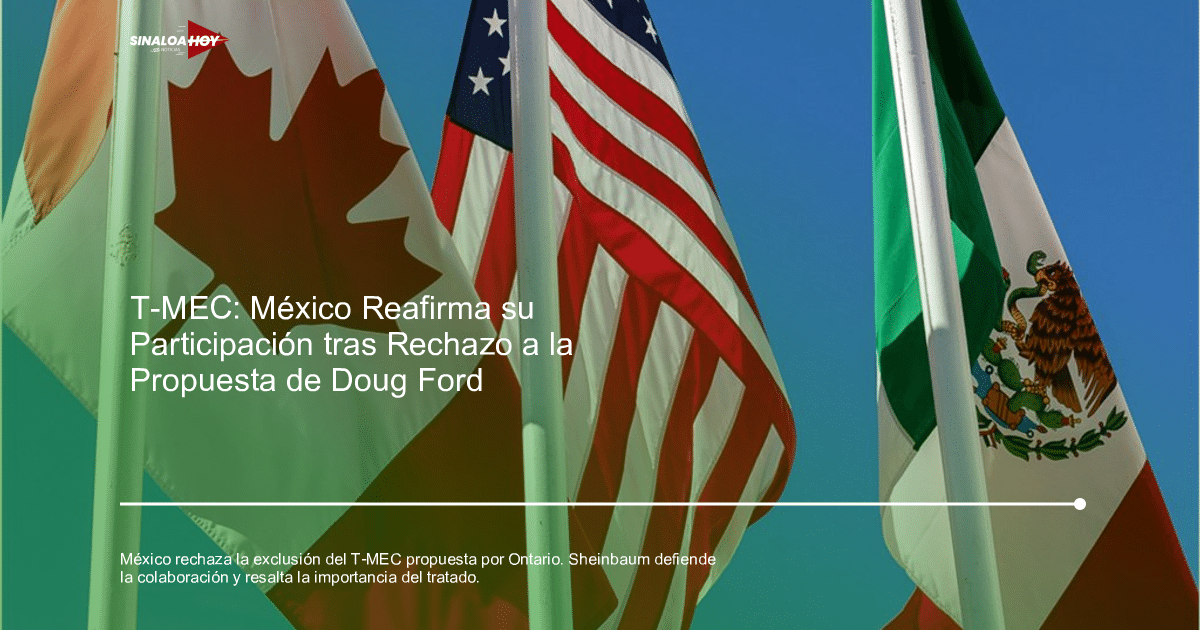 Banderas de Canadá, Estados Unidos y México ondeando juntas bajo un cielo azul