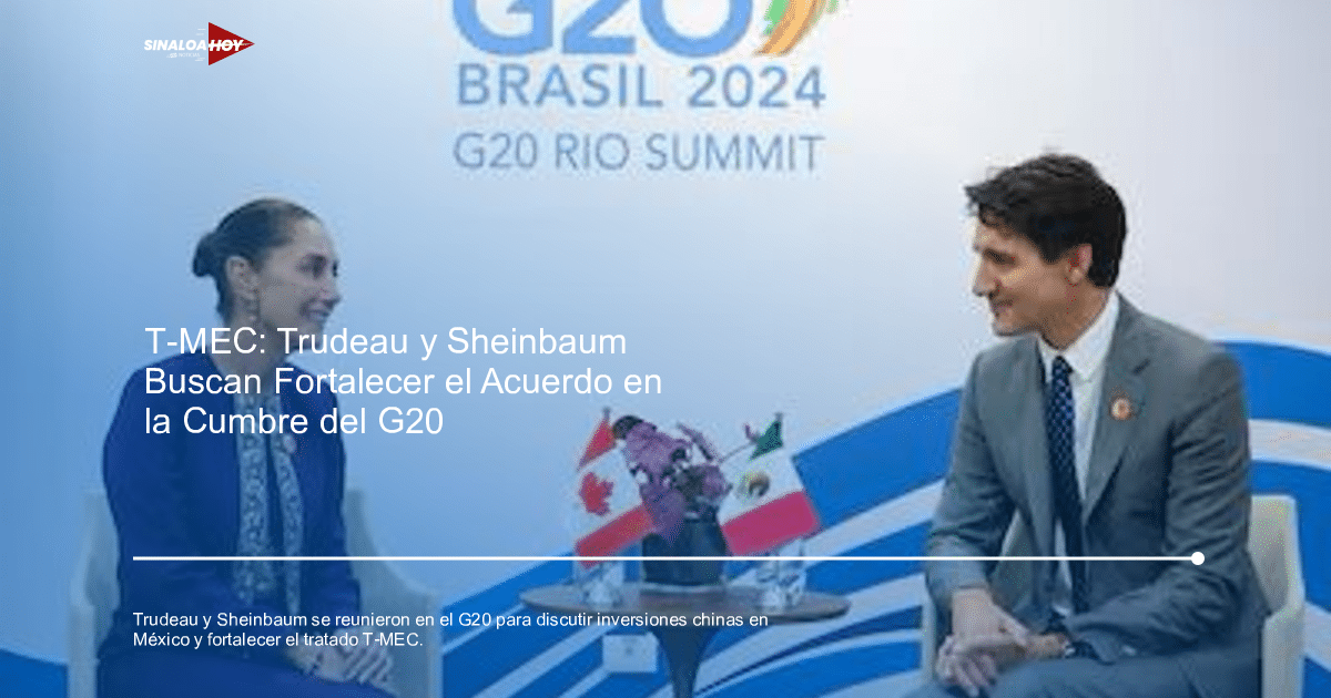Justin Trudeau y Claudia Sheinbaum en reunión bilateral en el G20 Brasil 2024, con banderas de Canadá y México en la mesa.