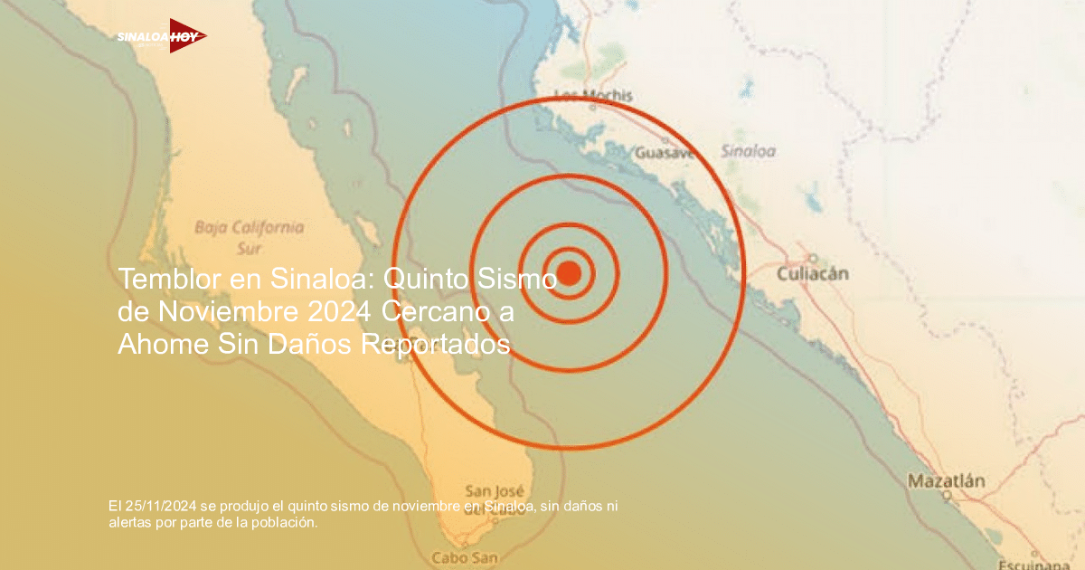 Mapa con círculos concéntricos rojos mostrando el epicentro y magnitud de un terremoto en La Paz, Baja California Sur.
