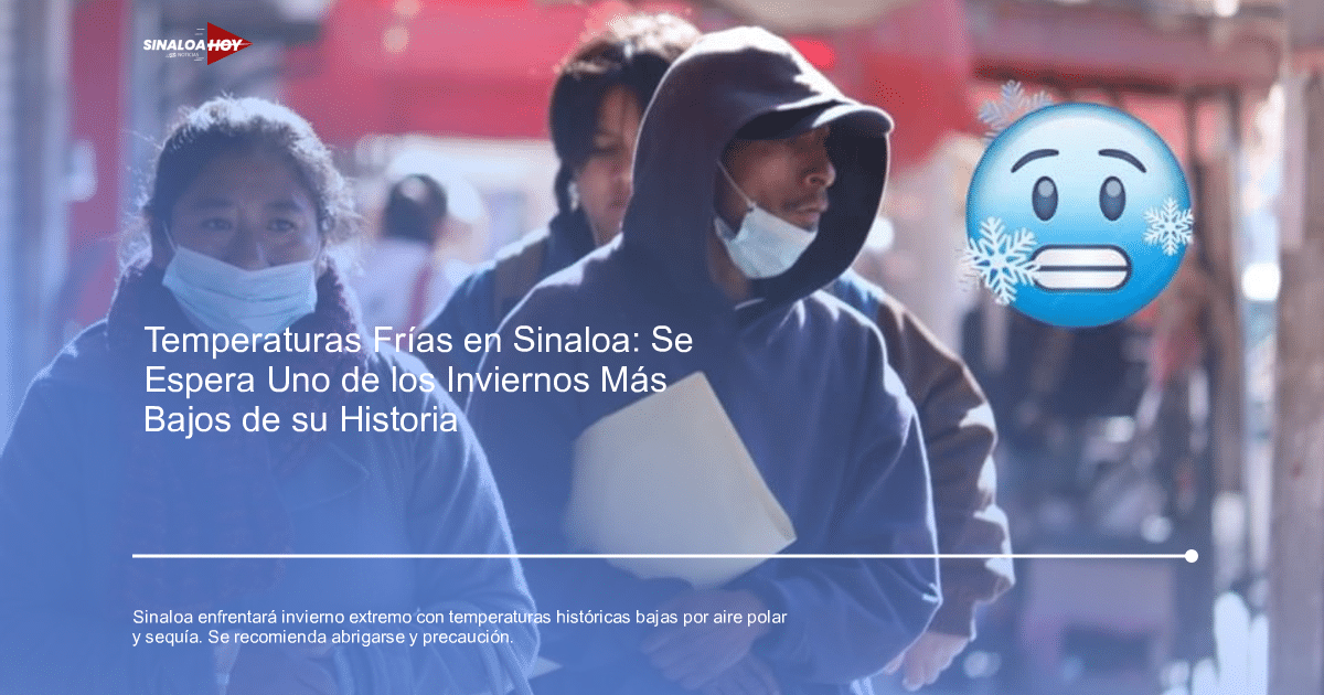 Personas en la calle de Sinaloa con mascarillas durante un invierno frío, destacando una mujer con abrigo y un hombre con sudadera.
