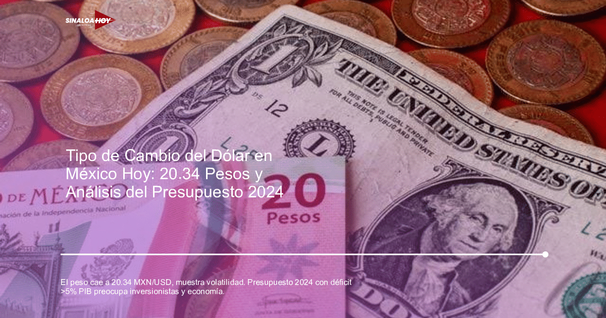 Billetes de 20 pesos mexicanos y un dólar estadounidense con monedas de diferentes denominaciones.