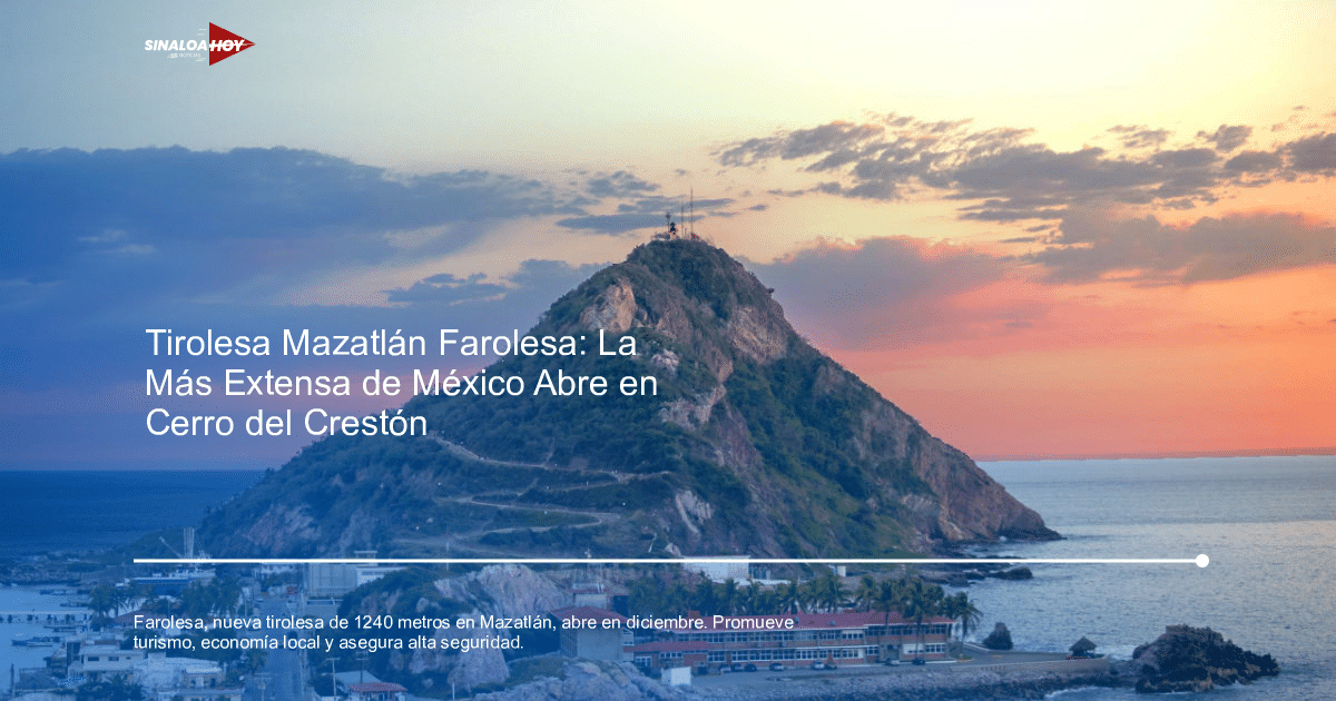 Paisaje costero al atardecer con el Cerro del Crestón y una construcción en la base, Mazatlán.