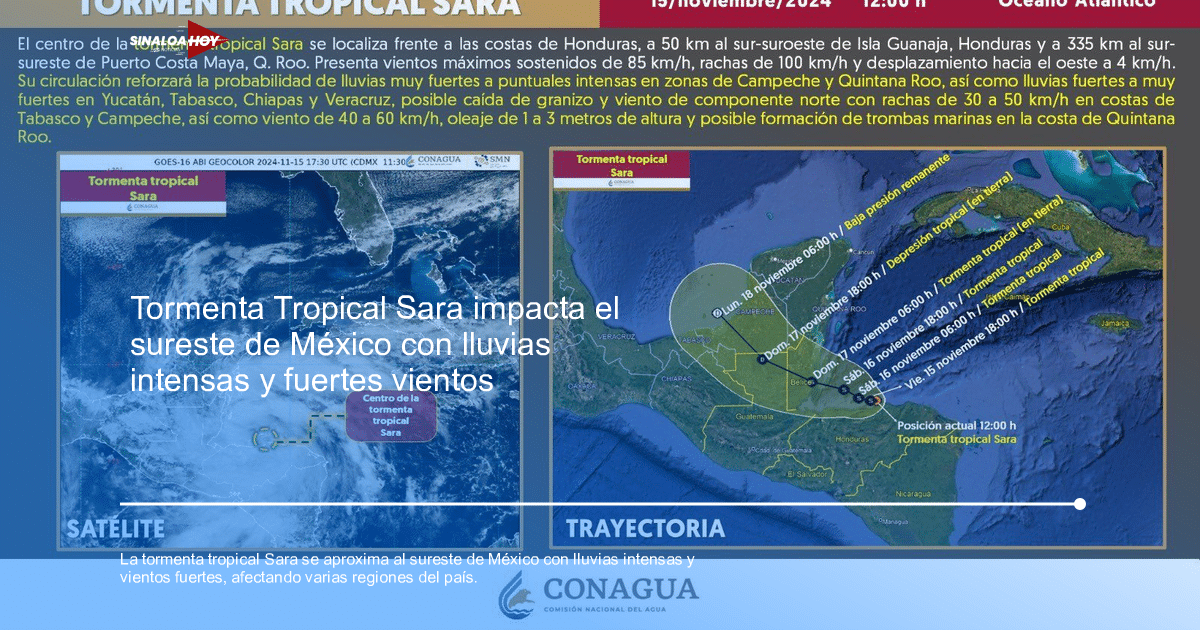 Mapa satelital de la tormenta tropical Sara mostrando su trayectoria hacia México