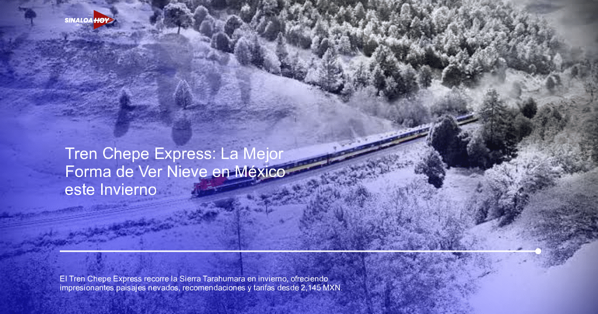 Tren Chepe Express viajando por un paisaje nevado en la Sierra Tarahumara