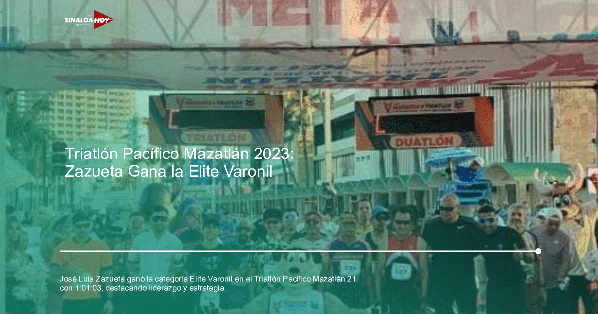 Grupo de participantes en la meta del Triatlón Pacífico Mazatlán 2023, con un personaje disfrazado en el centro.