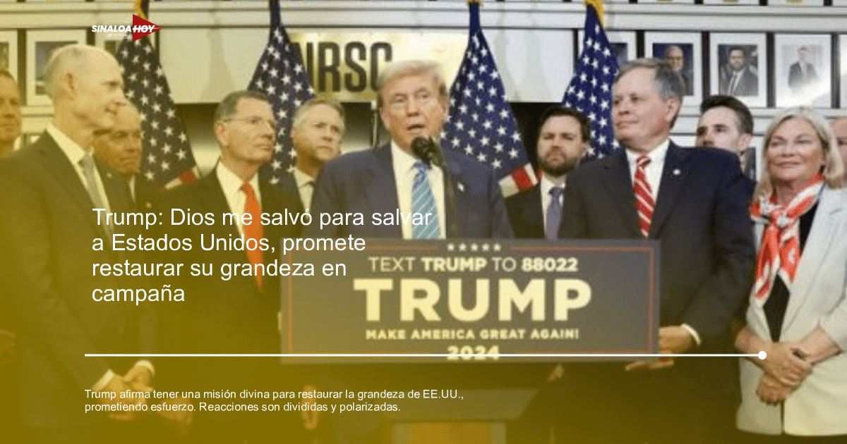 Donald Trump hablando en un evento de campaña 2024 con banderas estadounidenses de fondo.