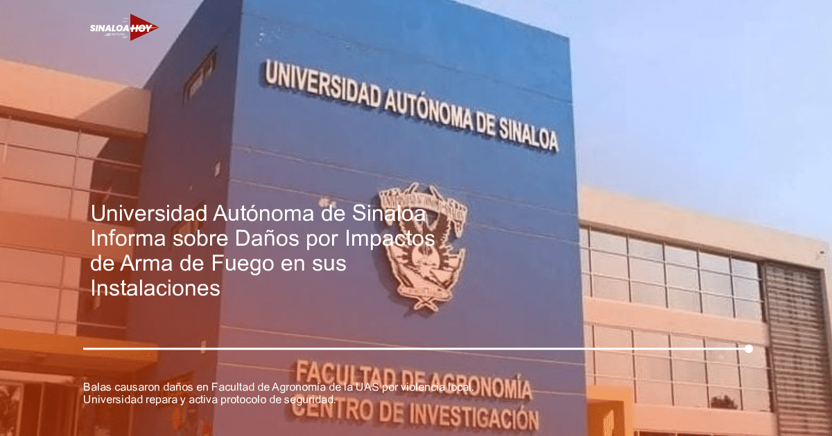 Edificio azul de la Facultad de Agronomía de la UAS con daños por balas perdidas en la fachada.
