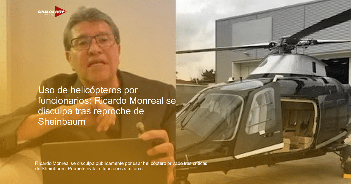 Ricardo Monreal hablando con tablet y helicóptero negro de fondo