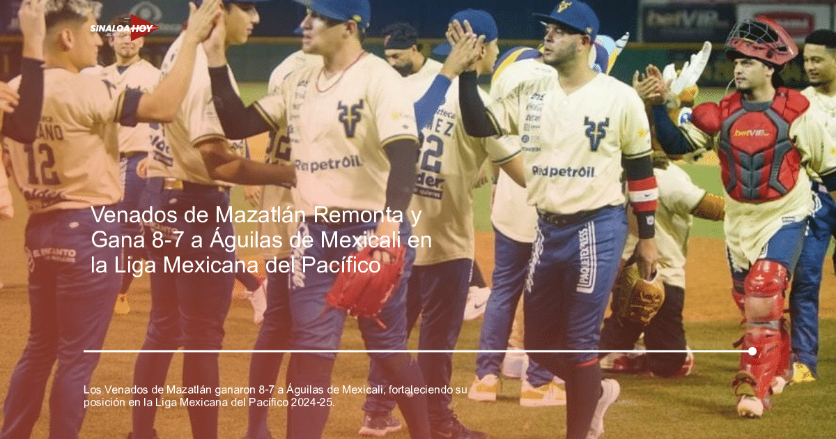 Jugadores de los Venados de Mazatlán celebrando en el campo con camisetas amarillas y pantalones azules tras victoria en la Liga Mexicana del Pacífico.