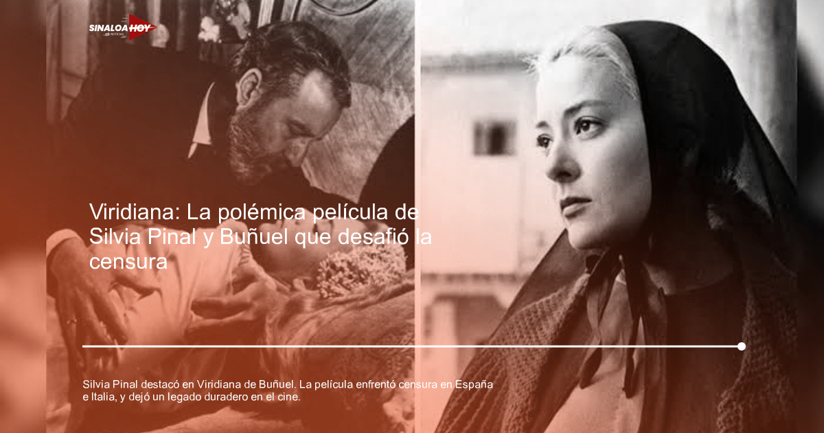 Escenas en blanco y negro de la película 'Viridiana' con Silvia Pinal y un hombre con barba.