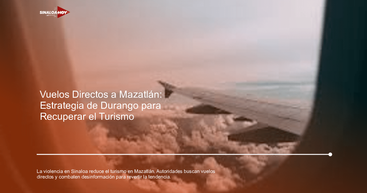 Vista desde la ventana de un avión con el ala visible y nubes debajo, representando la conectividad aérea hacia Mazatlán.