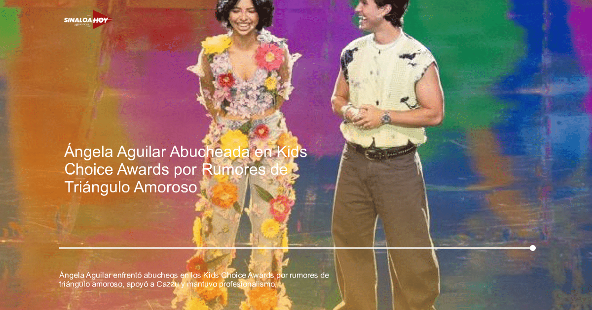 Ángela Aguilar y Felipe Botello en el escenario de los Kids Choice Awards, con un fondo colorido.