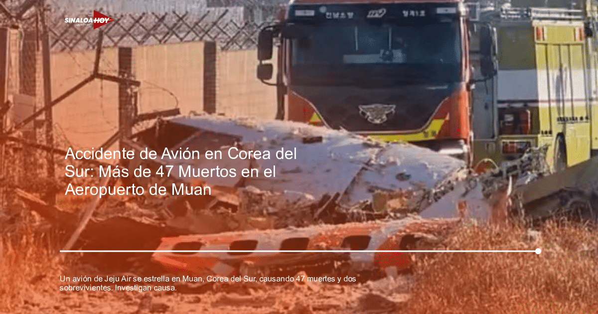 Restos de avión accidentado en Muan con camión de bomberos y valla de seguridad