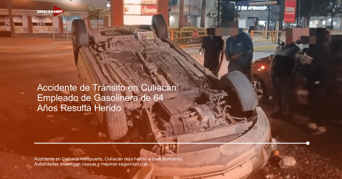 Automóvil volcado en accidente nocturno en Culiacán, rodeado de testigos y desechos en un entorno urbano.