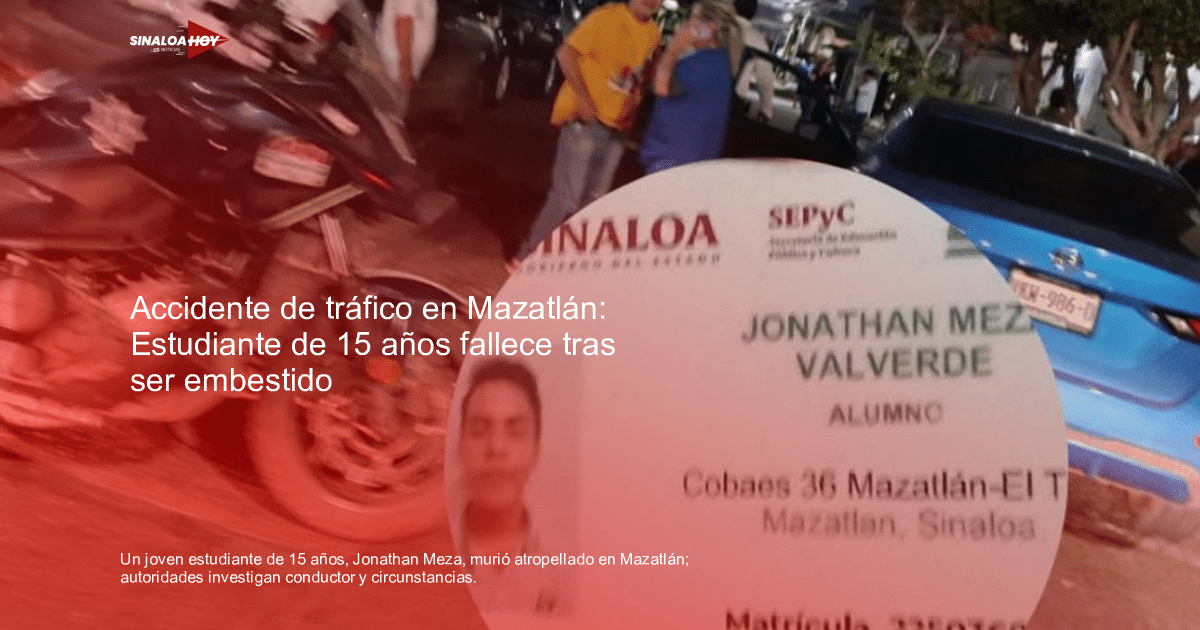 Motocicleta de policía junto a credencial escolar de Jonathan Meza Valverde en escena de accidente en Mazatlán.