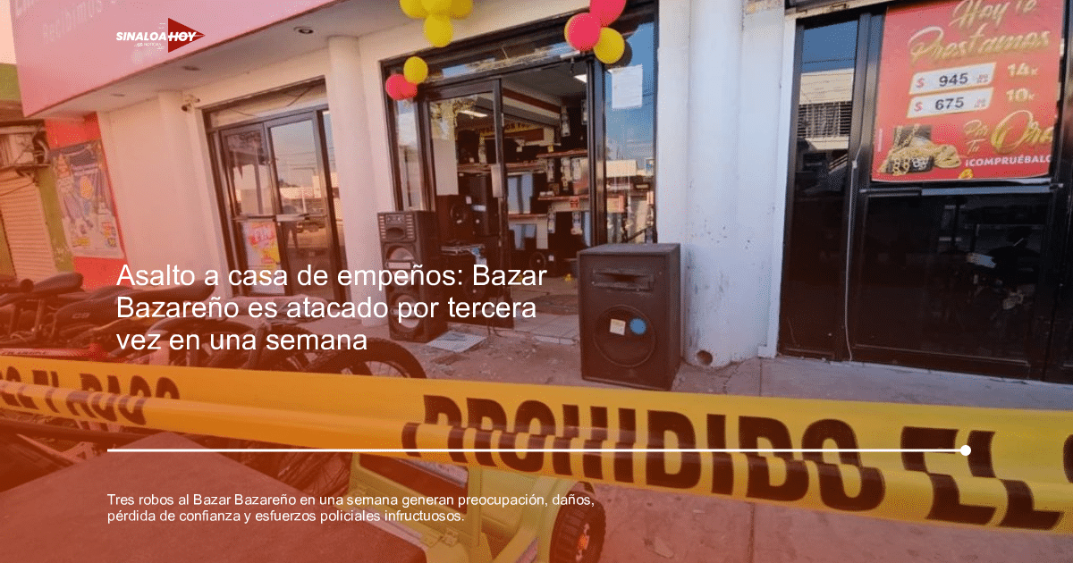 Entrada rota del Bazar Bazareño con cinta de seguridad y bicicletas afuera tras un asalto.