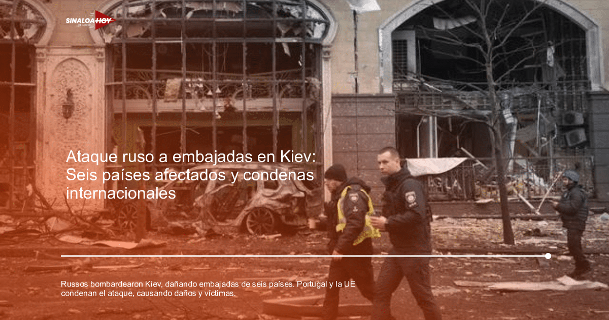 Escenario de destrucción en Kiev con edificios dañados y fuerzas de seguridad presentes.