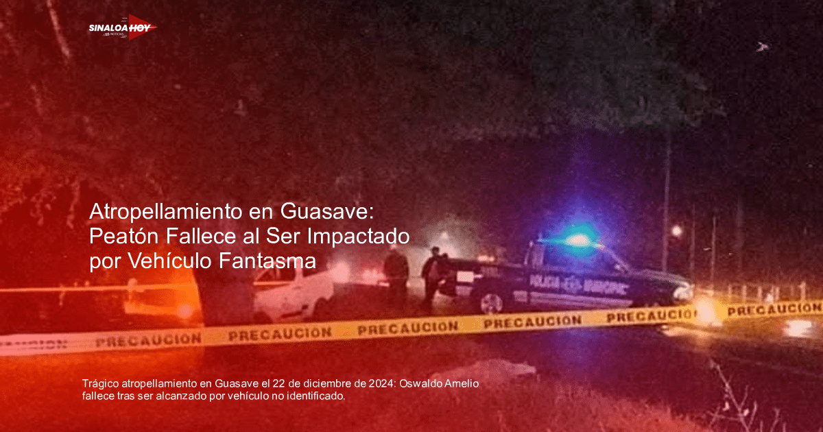 Escena nocturna con vehículo policial y cinta de precaución en Guasave, Sinaloa, tras un atropellamiento fatal.