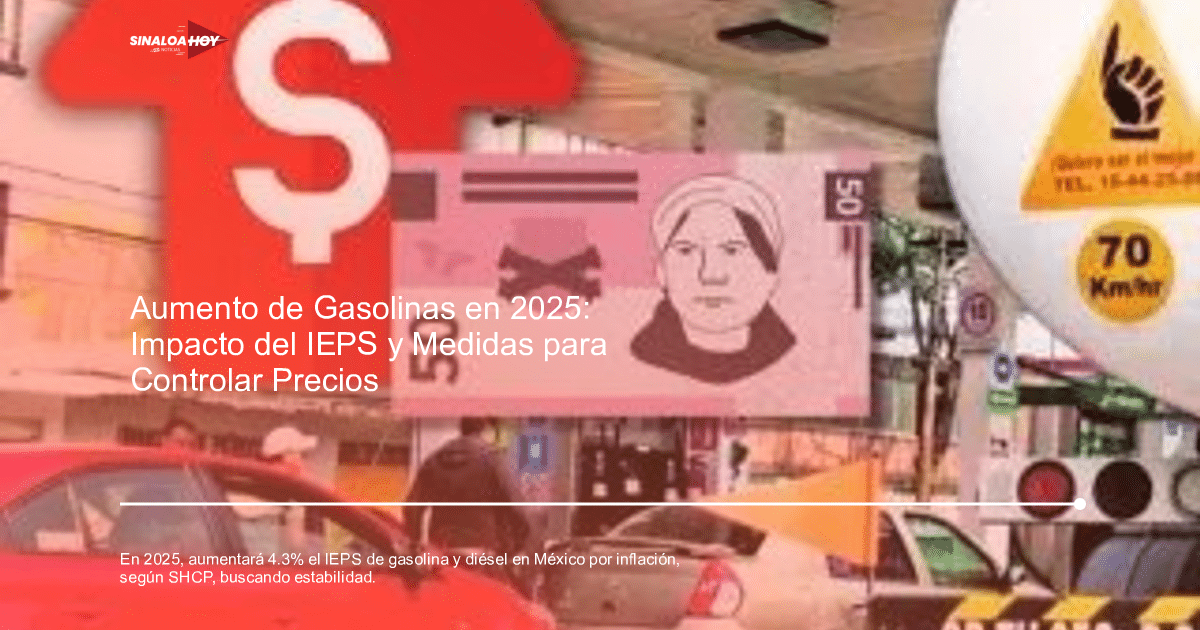 Billete de 50, símbolo de dólar rojo, señal de tráfico y estación de servicio, ilustrando el impacto del IEPS en 2025.
