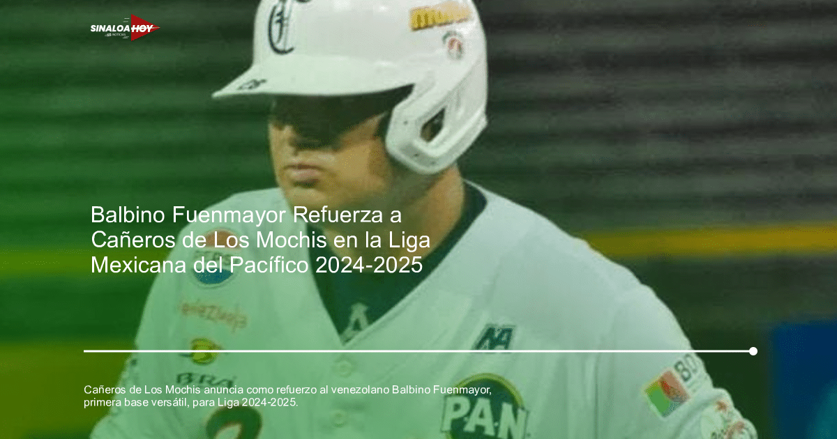 Balbino Fuenmayor en acción con Cañeros de Los Mochis, vistiendo camiseta blanca y casco, con logotipos de patrocinadores.