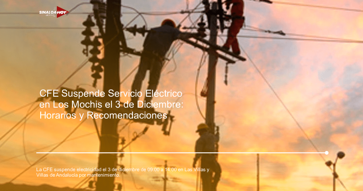 Trabajadores de mantenimiento eléctrico en un poste durante el atardecer.