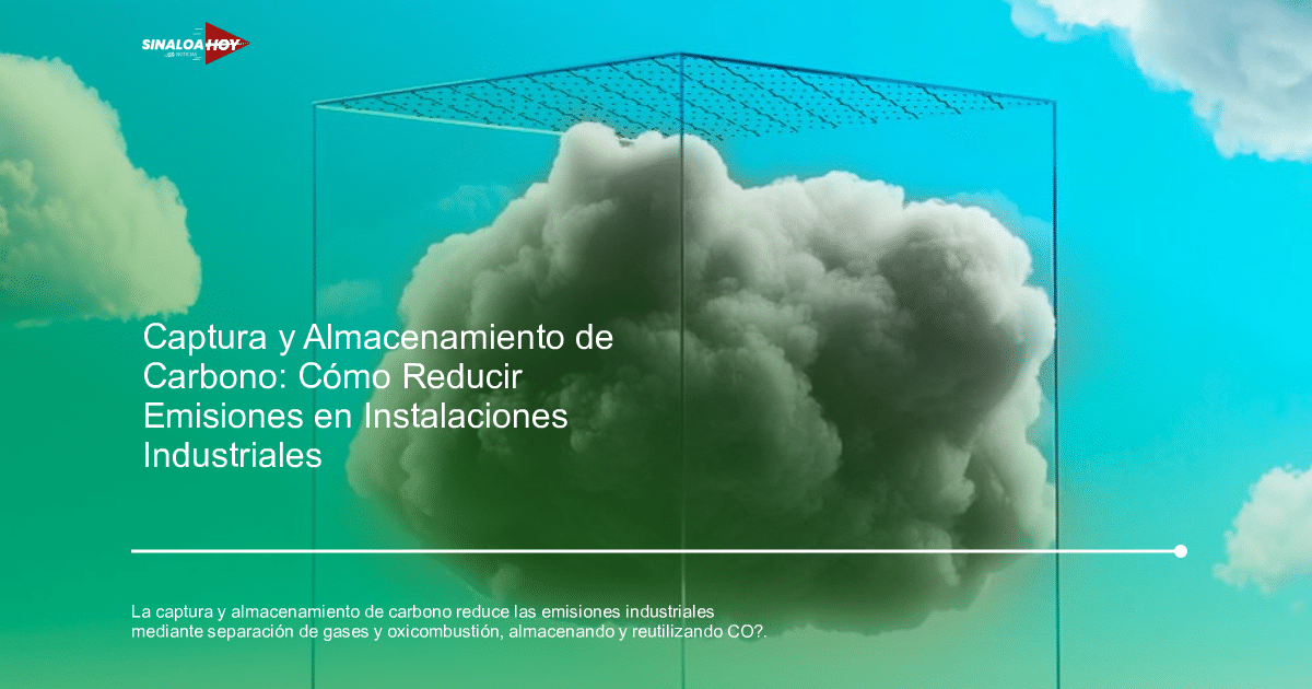 Nube negra dentro de una caja transparente sobre un cielo azul con nubes blancas, simbolizando la captura de carbono.