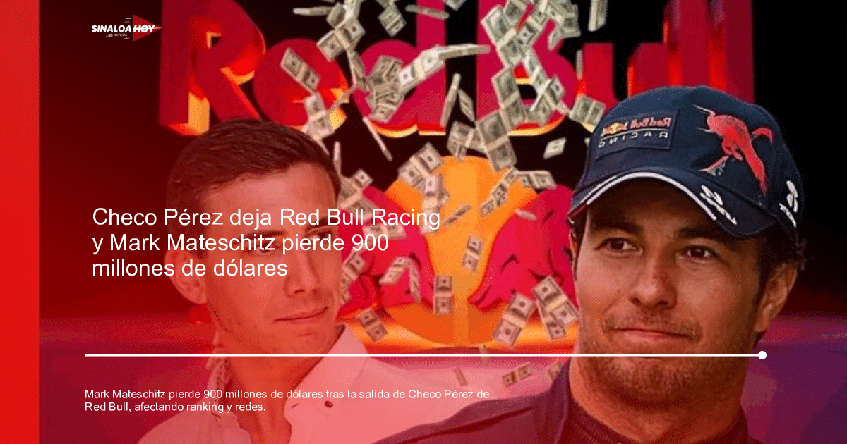 Dos personas en primer plano con logotipo de Red Bull y dinero volando, simbolizando pérdidas financieras por salida de Checo Pérez.