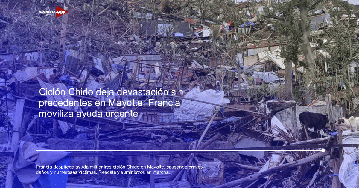 Escena de devastación en Mayotte tras el ciclón Chido, con escombros y personas evaluando daños.