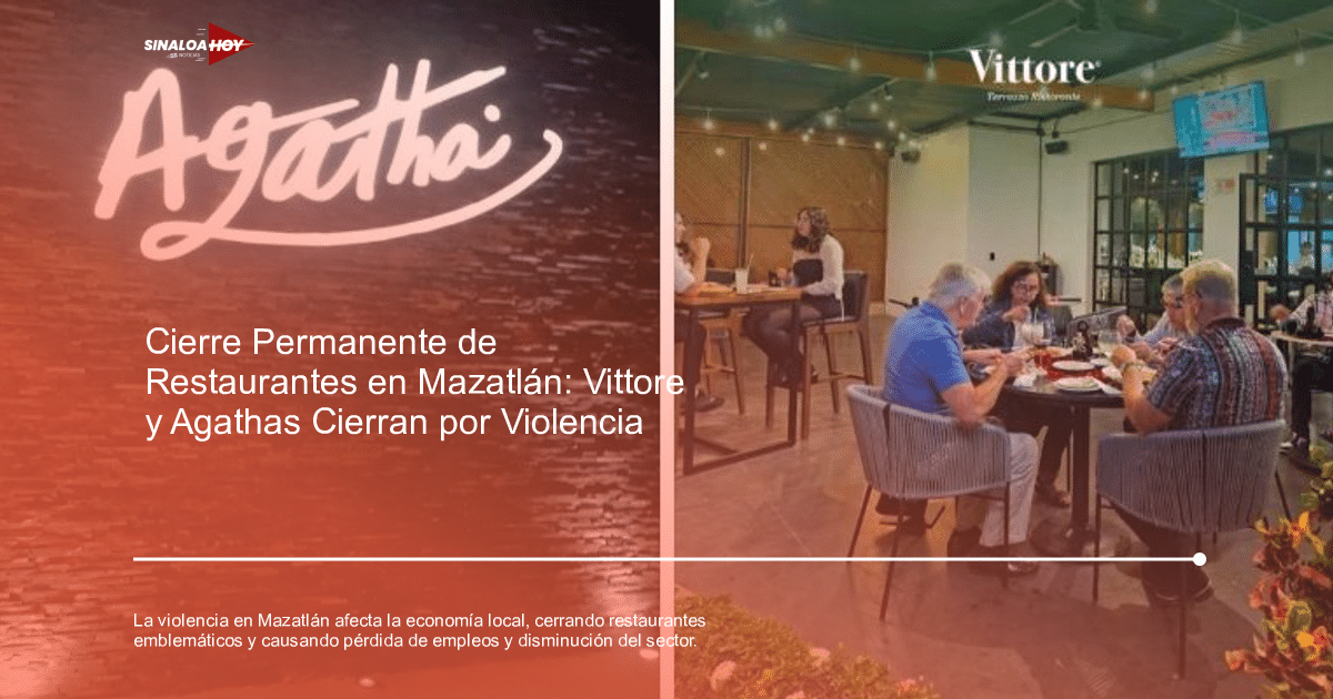 Letrero de Agatha y vista interior de Vittore en Mazatlán, ambos cerrados por violencia.