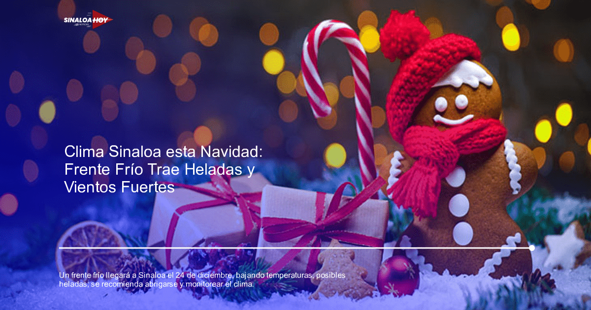 Hombre de jengibre con gorro y bufanda roja rodeado de regalos y decoraciones navideñas sobre nieve.