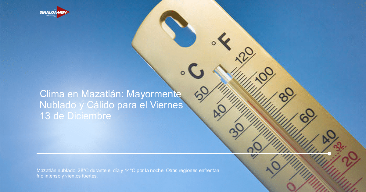 Termómetro con escalas Celsius y Fahrenheit bajo un cielo azul y sol brillante