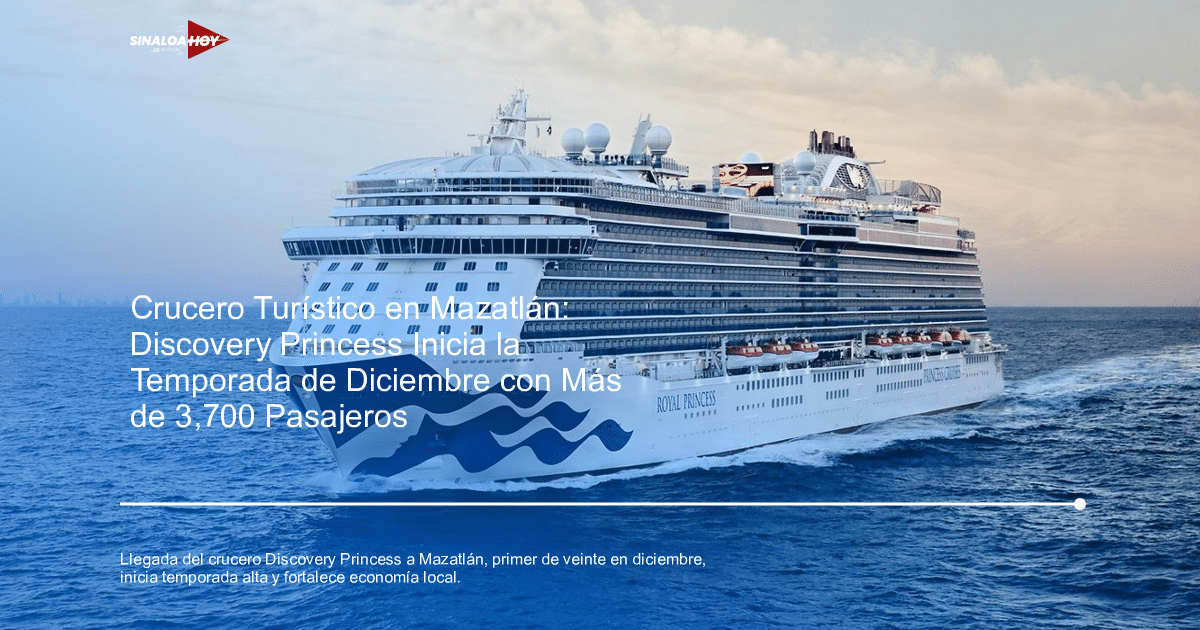Crucero Discovery Princess navegando al atardecer cerca de la costa de Mazatlán, con un diseño en blanco y azul y un horizonte de edificios.
