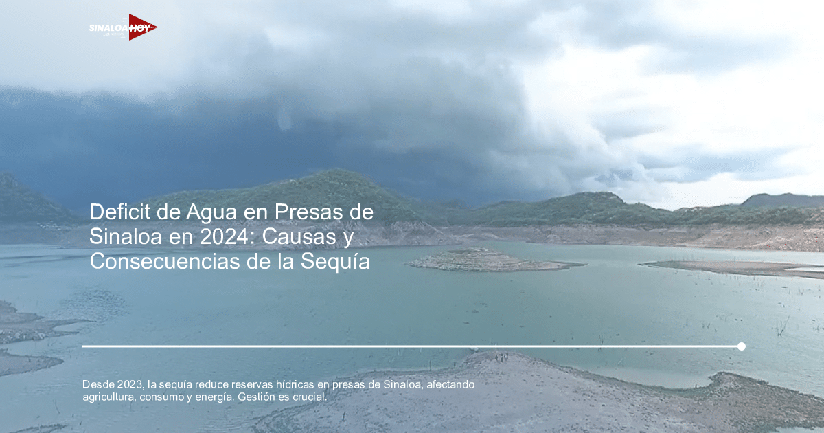 Embalse de Sinaloa con nivel de agua bajo y nubes oscuras en el horizonte