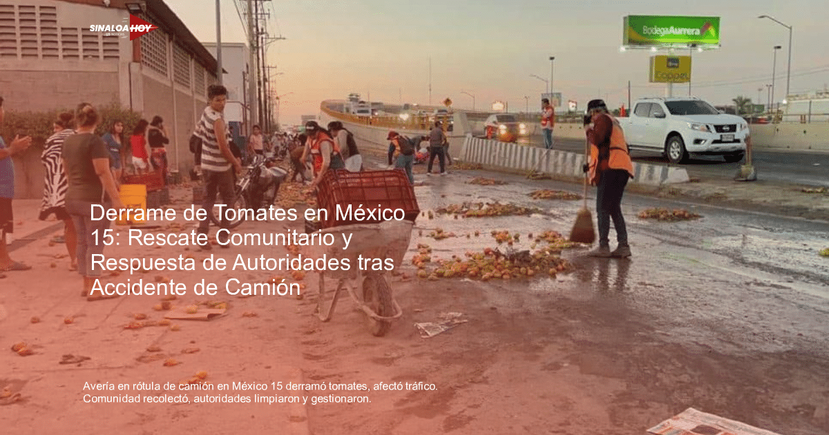 Personas recogiendo tomates en una calle tras accidente de camión en México 15